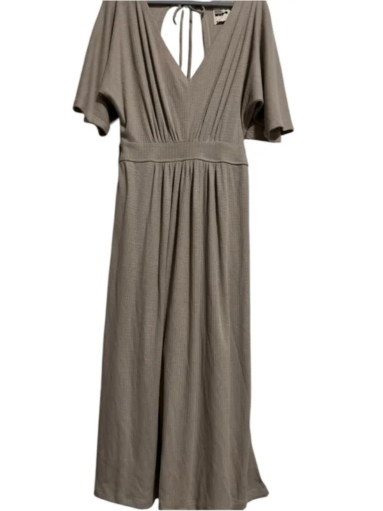 EUC Women's MUMO Taupe Ribbed V-Neck Maxi Dress with Open Back, Size L - Picture 5 of 11